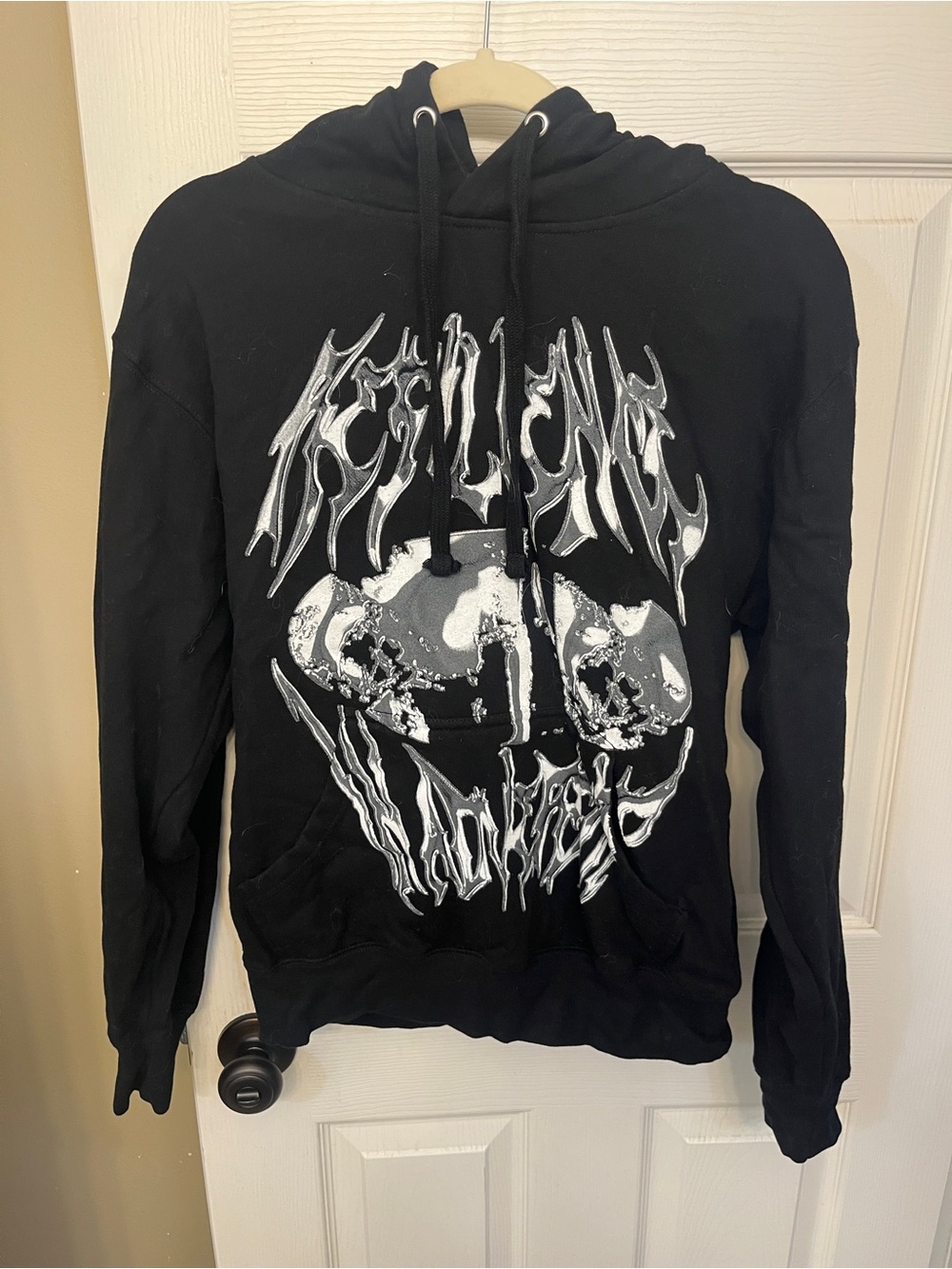 Fashion Nova Black Hoodie with Silver Graphic Skull Print size S